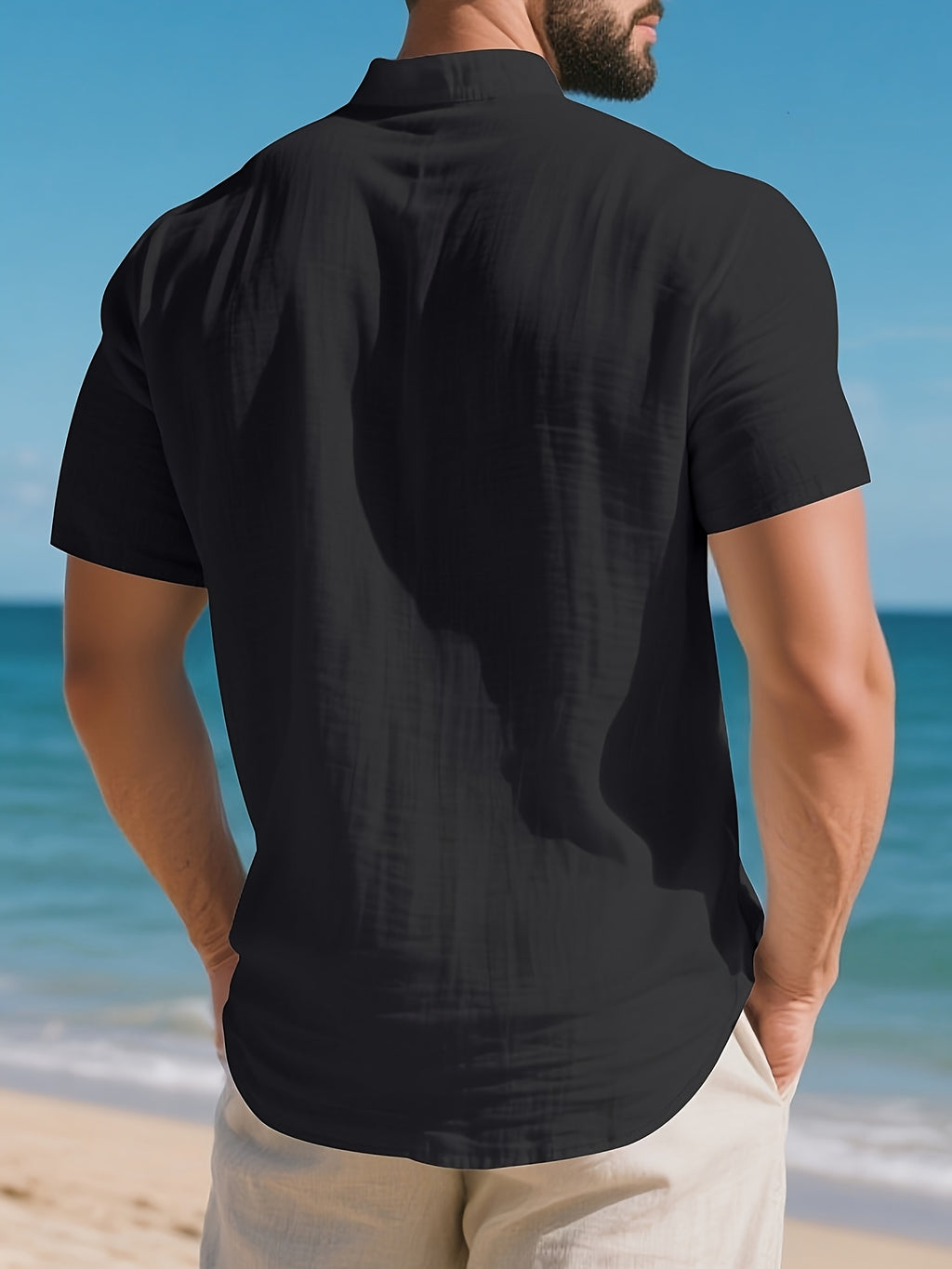 Men'S Pure Henley Shirt Spring And Summer Casual Breathable Sweat-Absorbent Linen Texture Short-Sleeved Half Placket Pocket Easy Solid Color Small Stand-Up Collar POLO Shirt, Sweat-Resistant - Black
