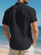Men'S Pure Henley Shirt Spring And Summer Casual Breathable Sweat-Absorbent Linen Texture Short-Sleeved Half Placket Pocket Easy Solid Color Small Stand-Up Collar POLO Shirt, Sweat-Resistant - Black