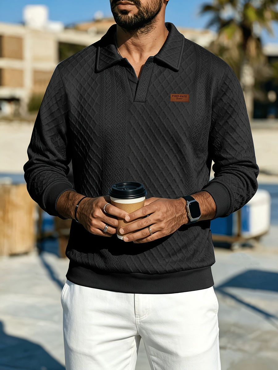 Premium Rhombus Men's Long Sleeve Polo Shirt with Notched Lapel and Small V-Neck Design, a Top for Men's Commuting and Party Wear (Texture Random) - Black