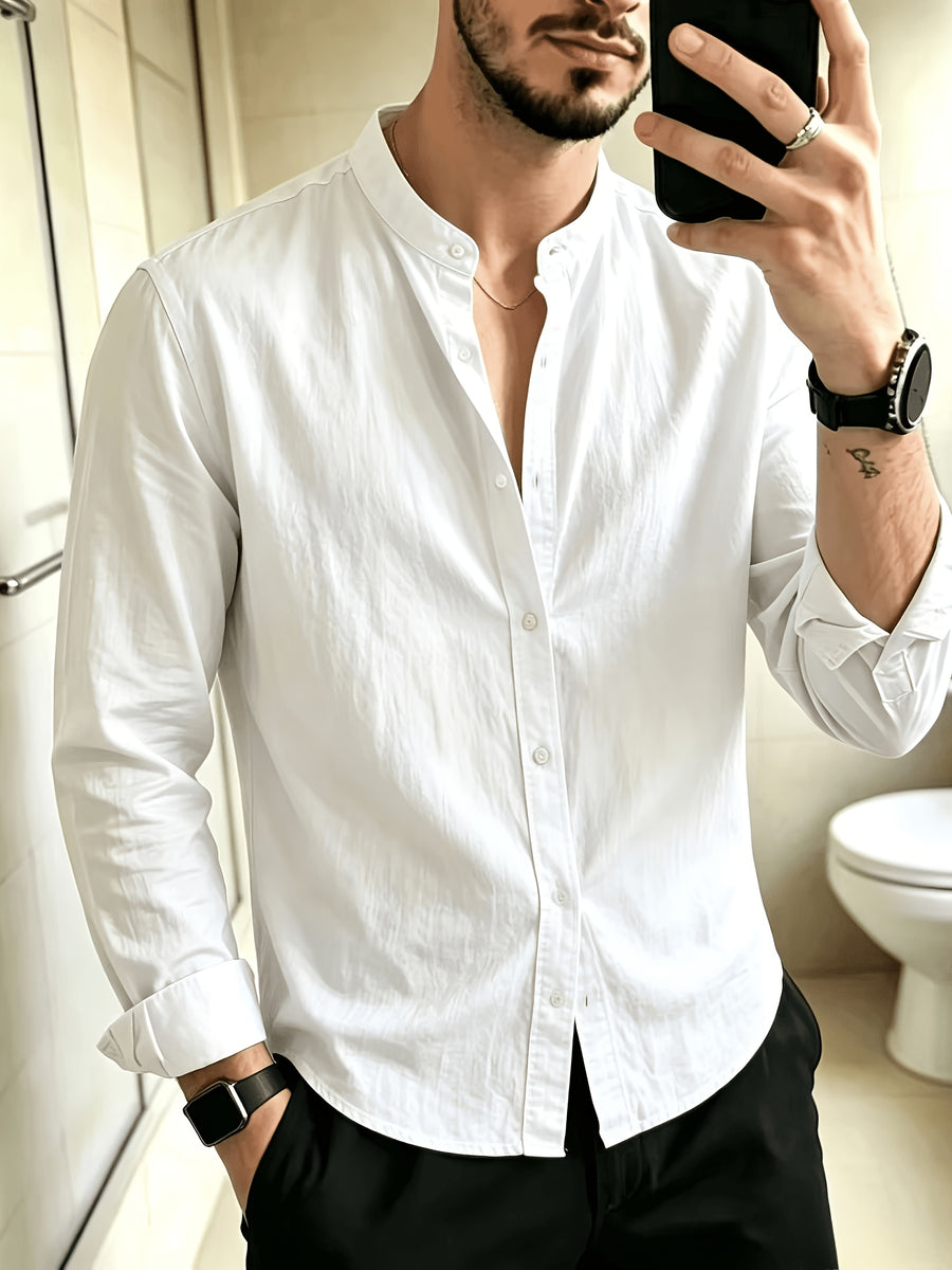New Men'S Street Style Stand Collar Long Sleeve Shirts, Loose Fit Casual Blouse, Breathable Versatile Outer Tops for Men Fall Daily Street Going Out Wear - White