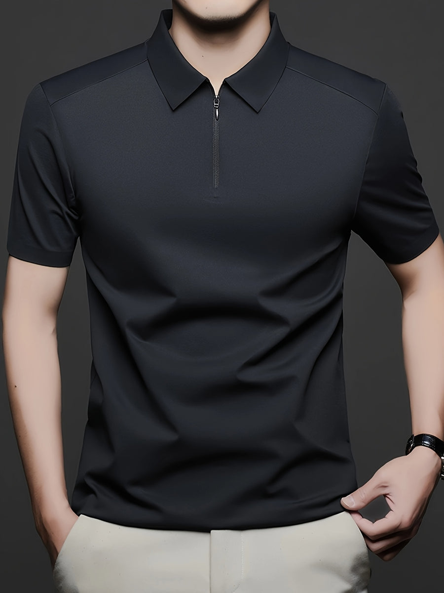 Men's Summer Lapel Polo Shirt, Fashionable and Versatile Light Luxury Zipper Top, Business Casual Breathable Short-Sleeve T-Shirt, Suitable for Daily Work Scenes - Black