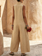 Women's Elegant Workwear Jumpsuit - Sleeveless High-Neck Wide-Leg Romper with Zippered Collar, Loose-Fit Pantsuit & Side Pockets, Machine Washable Solid Color Outfit Suitable for Office, Semi-Formal, Summer Clothing - Khaki