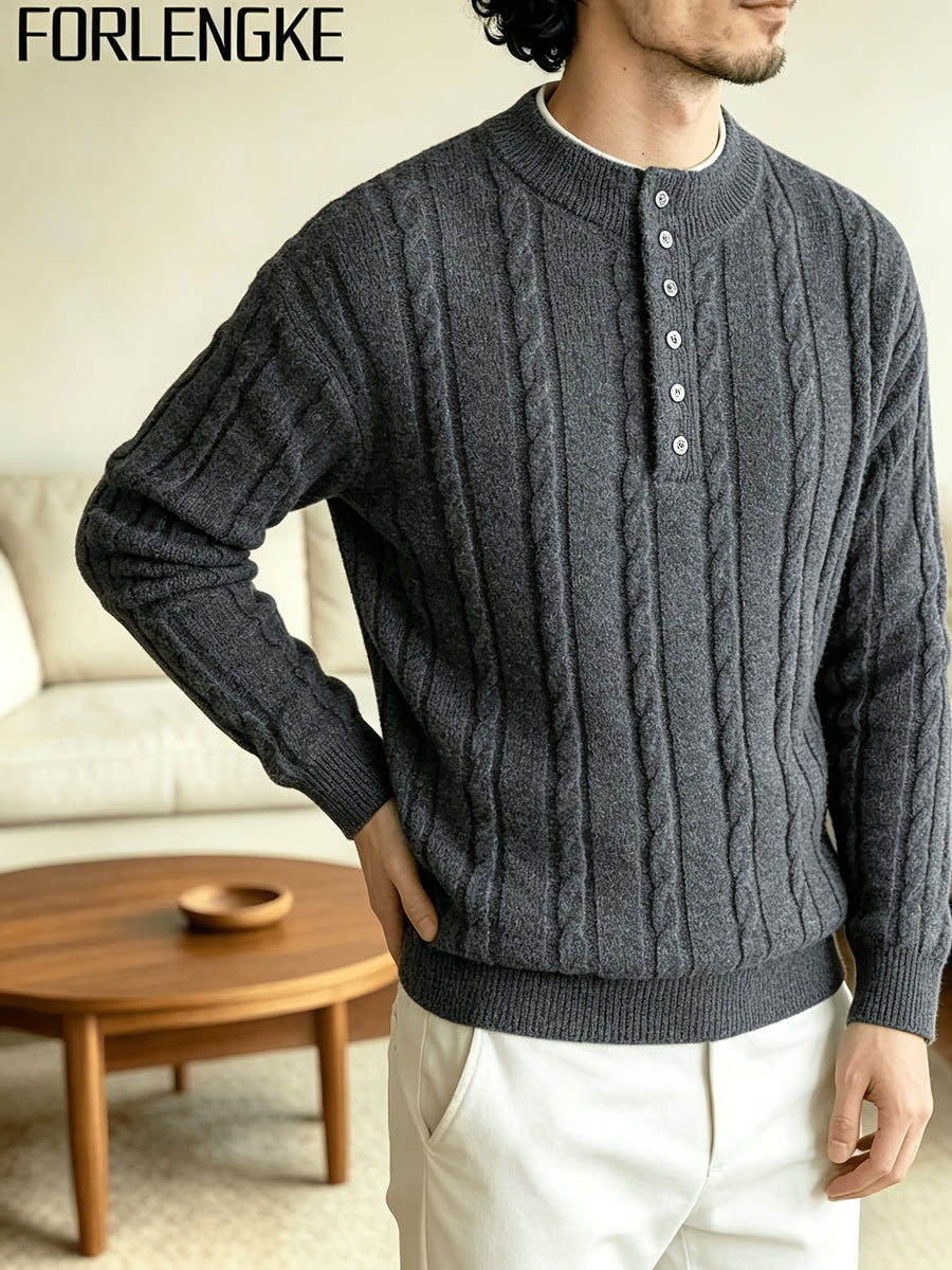 FORLENGKE 2026 New Men's Business Casual Crew Neck Cable Knit Sweater, Soft Warm Long Sleeve Pullover for Fall Winter Office Daily Wear - Grey