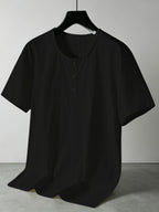 Men'S Linen Blend Henley Short Sleeve T-Shirt V-Neck Button Casual Breathable Lightweight Summer Beach Top - Black