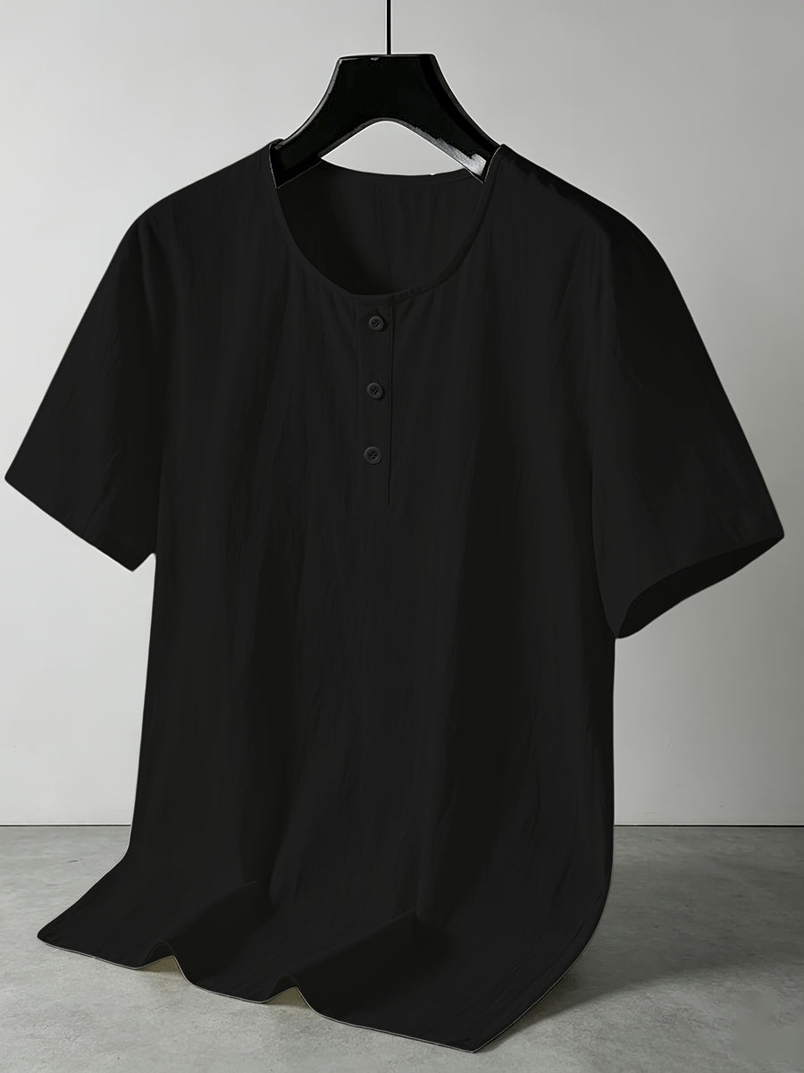 Men'S Linen Blend Henley Short Sleeve T-Shirt V-Neck Button Casual Breathable Lightweight Summer Beach Top - Black