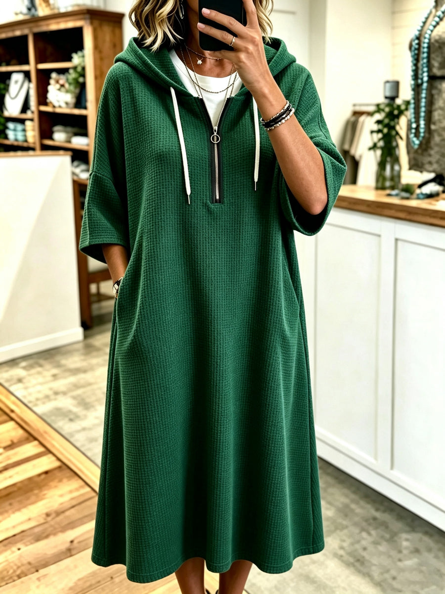 Plus Size - Spring Autumn New Waffle Half-Zip Hooded Sweatshirt Dress Women'S Loose Plus Size Three-Quarter Sleeve Drawstring Pocket Mid-Length Casual Style Solid Color Pullover Dress - Green