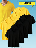 8pcs Men's Casual Knit Ribbed V-Neck T-Shirt / Soft and Comfortable Fabric / Short Sleeve / Solid Color / Crew Neck / Back-to-School Season, Casual Sporty Design Top, Multiple Colors Available, Suitable for Summer Daily Wear - 4 black + 4 yellow