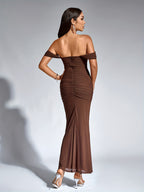 Women's Elegant Off-the-Shoulder mermaid gown - Formal party wedding long dress, Stretchy Bodycon fit, Non-Transparent Party Evening Gown for Women, Formal Attire, Highelasticity Fabric, Special Occasion Dress, High Elasticity Material, Formal Dress - Coffee Brown