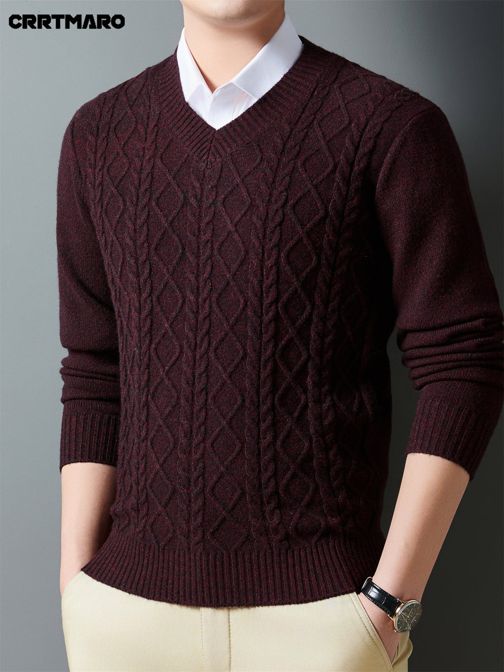 Cartama CRRTMARO Autumn/Winter Knitted 3D Solid Color V-Neck Sweater, Basic Thickened Pullover, Men's Fashion Knitwear Long Sleeve HH - Fuchsia