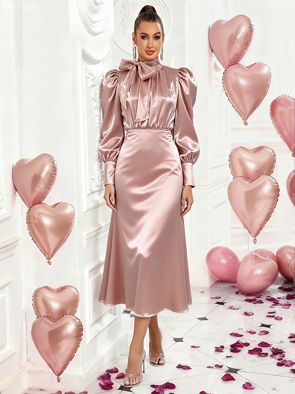 Elegant Women's Dress with Large Bow Tie Belt - Pink