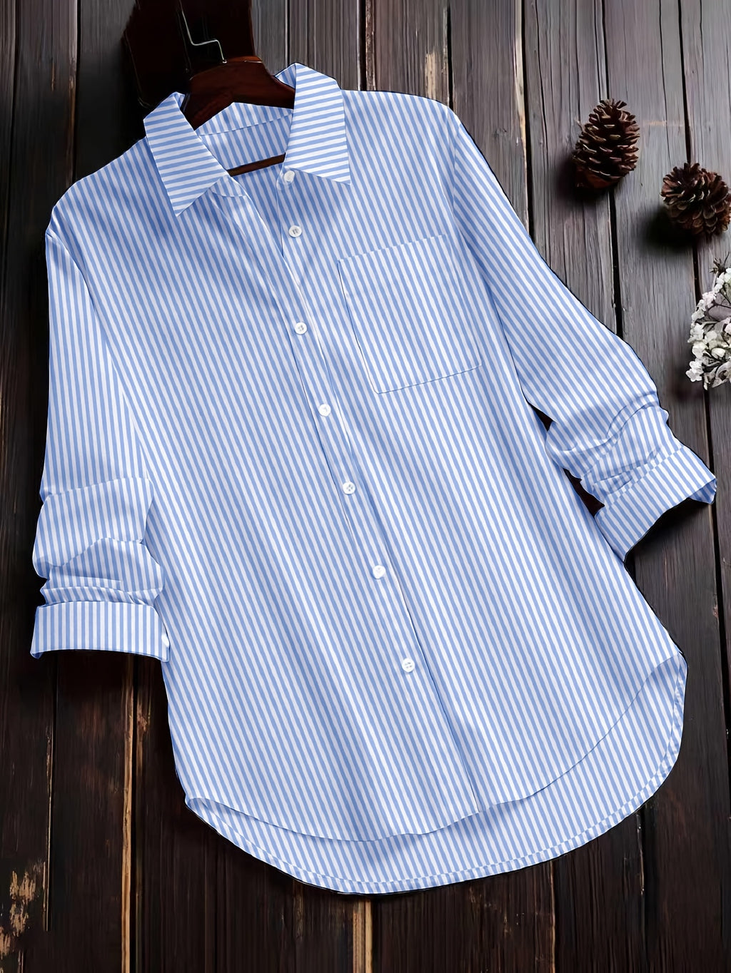 Women'S Autumn Casual Vintage Commute Long Sleeve Checkered Striped Shirt - Powder blue