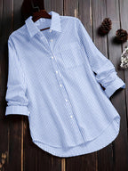 Women'S Autumn Casual Vintage Commute Long Sleeve Checkered Striped Shirt - Powder blue