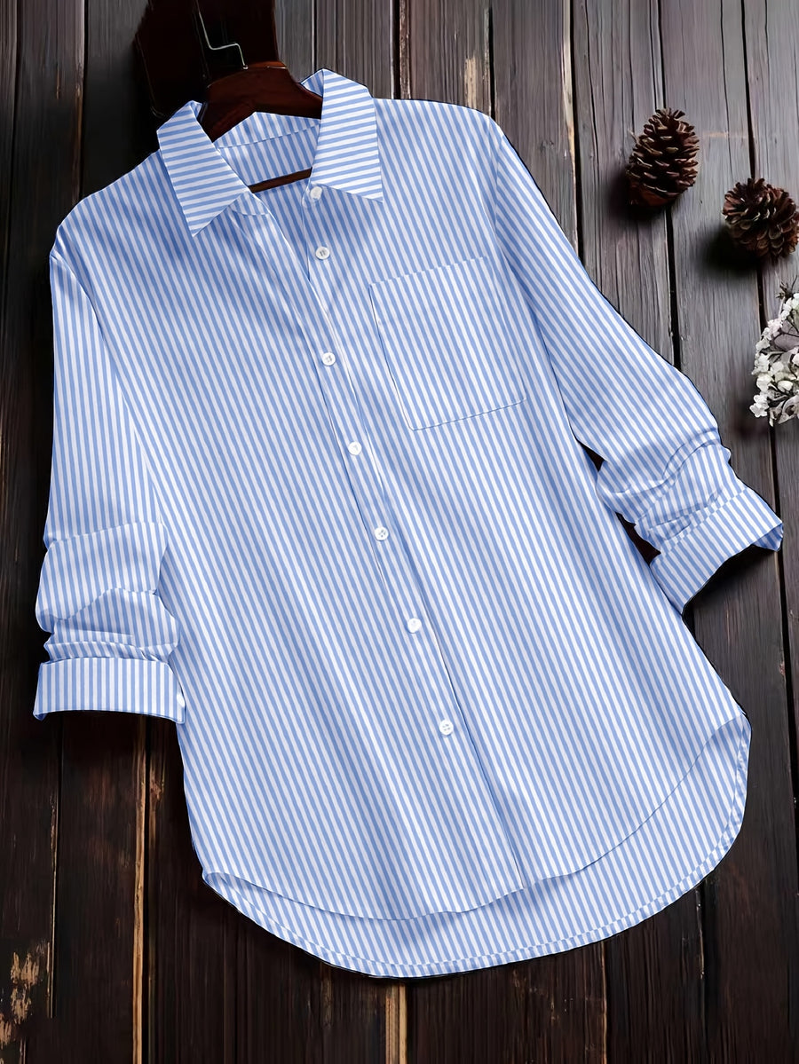 Women'S Autumn Casual Vintage Commute Long Sleeve Checkered Striped Shirt - Powder blue