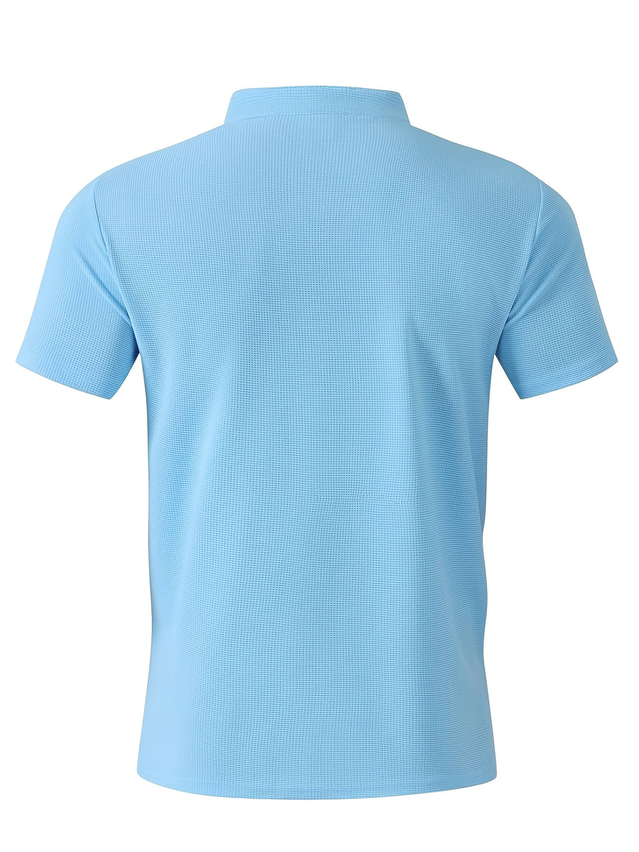 Breathable Fabric Summer Men'S Waffle Skinny Short Sleeve American Oversized Casual V-Neck Tie-Up T-Shirt - Sky Blue