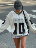 Digital Letter Print Mesh V-Neck Top Women'S Fashion Versatile Casual Long Sleeve Athletic Top - White