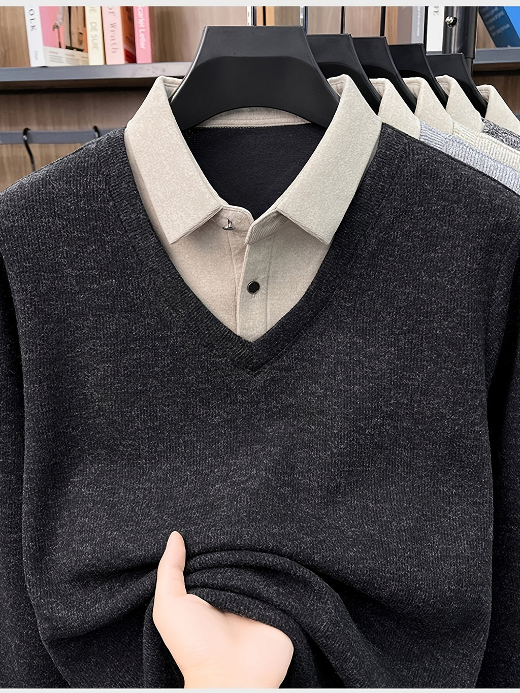 Men'S Autumn V-Neck Faux Two-Piece Pullover Sweater Top, Shirt Collar Patchwork Sweater, Casual Sportswear Top, Warm And Comfortable, Autumn Business Casual Daily Travel Commute Gift Choice, Knit - Deep Grey