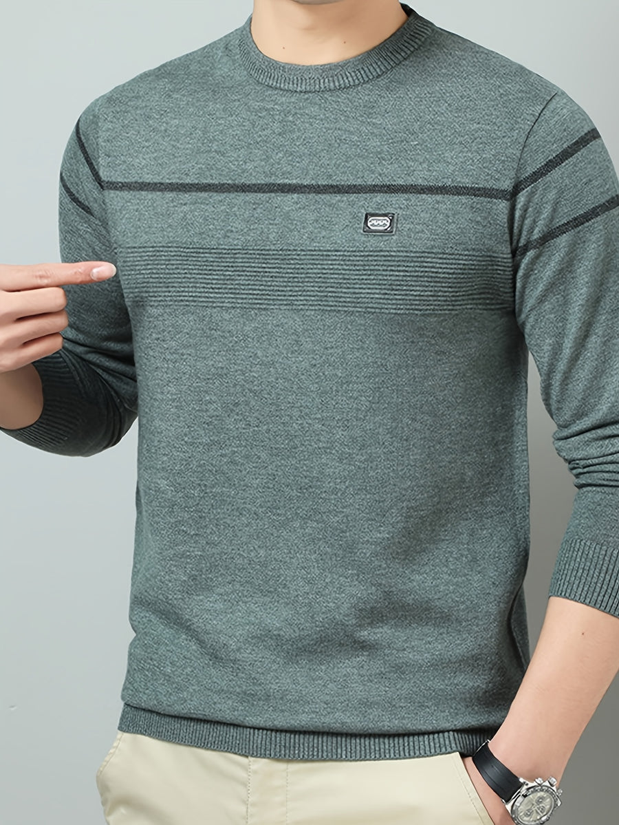 Men's Solid Gray Striped Crewneck Lightweight Knit Sweater, Featuring a Basic Crewneck Design, Ribbed Cuffs, and a Slim-fit Slightly Relaxed Silhouette. Suitable for Young Adults and Middle-aged Men, Ideal for Both Commuting and Daily Casual Wear - Green