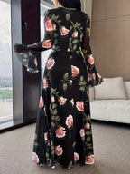 Women's Elegant A-Line Dress with Double Bell Sleeves & Square Neck - Full-Body Flower Print Wedding Guest Dress, Year-Round Formal Party Attire, Machine Washable (High Elasticity A-Line cut) - Mixed Color