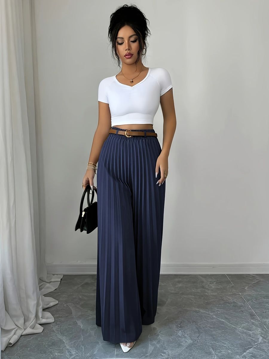 Women's Solid Color Minimalist Pleated Casual Trousers, Simple Solid Color Flowy Wide-Leg Pants, Spring, Summer, Autumn, All-Season Casual Stretch Waist Commuter Versatile Wide-Leg Pants, Belt Not Included - Navy Color