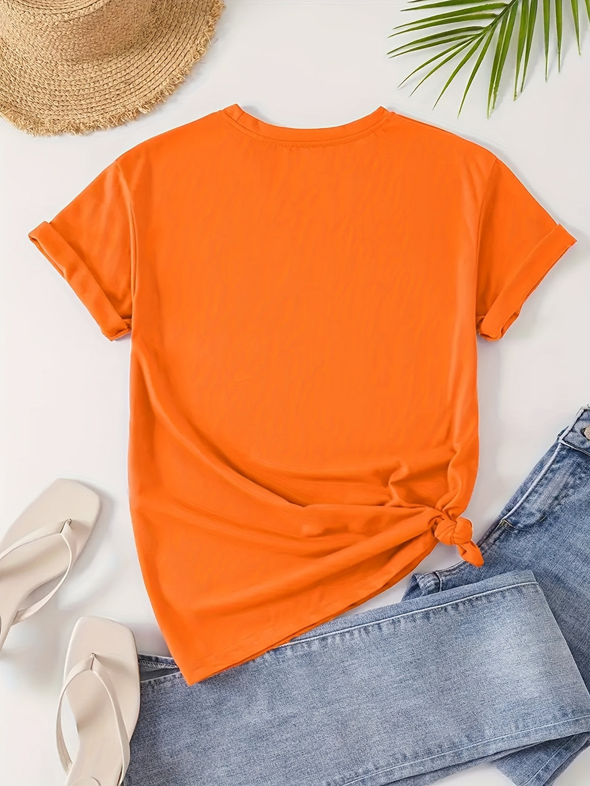 2025 Spring/Summer New Women's Short-Sleeve Top, Simple and Stylish Love Ring Pattern Print, Versatile Daily Wear Round Neck T-Shirt, Circle Pattern - Orange