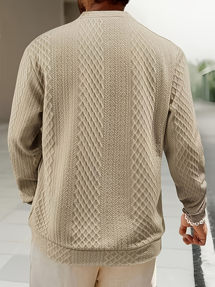 Men's New Autumn/Winter Jacquard Two-Button Casual Crew Neck Sweatshirt - Khaki