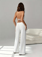 2pcs Set: Women's Fashionable Lace-up Backless Camisole with Wide-leg Drawstring Pants. Suitable for Various Occasions Such as Vacations, Beach Outings, Rave Parties, and Hawaiian Events - White