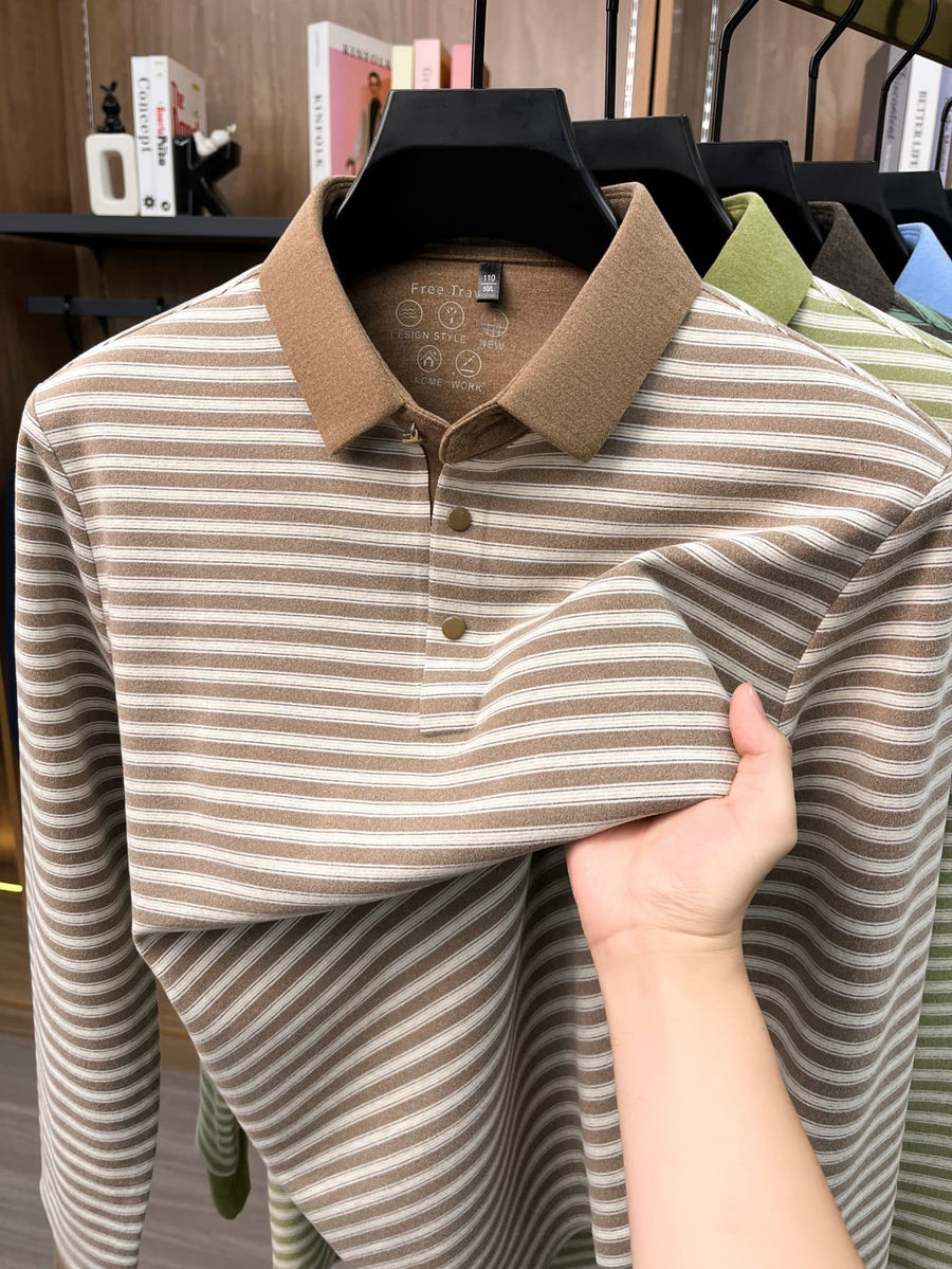 Men's Thin Striped Lapel Long Sleeve Polo Top, Wrinkle Free Loose Casual Long Sleeve T-Shirt, Business Basic Apparel for Middle-aged Dads, Spring Autumn Clothes for Golf, Fishing, Tennis Daily Wear - Pumpkin Color