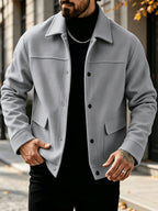 Gift for Family: European and American Style Men's Tweed Jacket with Lapel and Multiple Pockets, Warm Blend Top for Daily Commuting - Grey