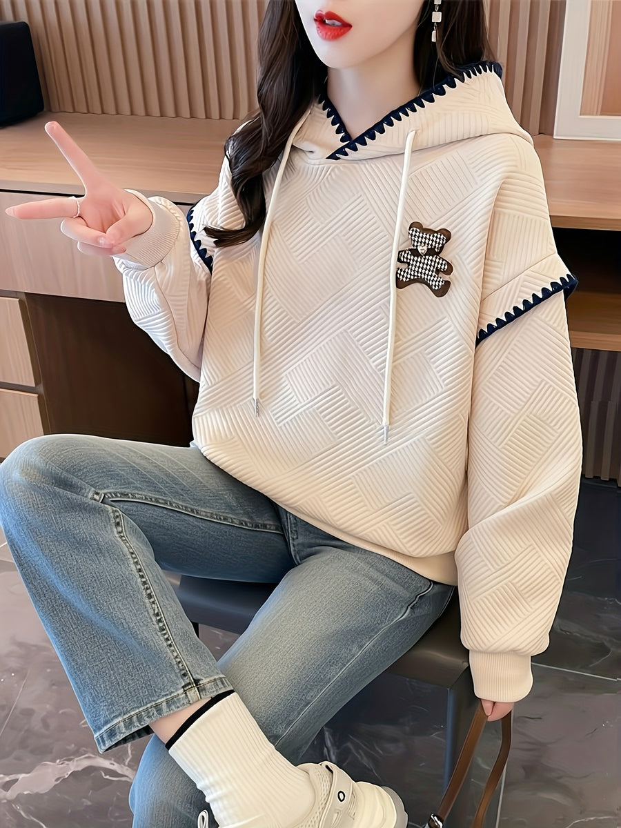 New Style Hooded Color-Blocked Lace 3D Patch Cartoon Waffle Sweatshirt for Women D1222A - Apricot