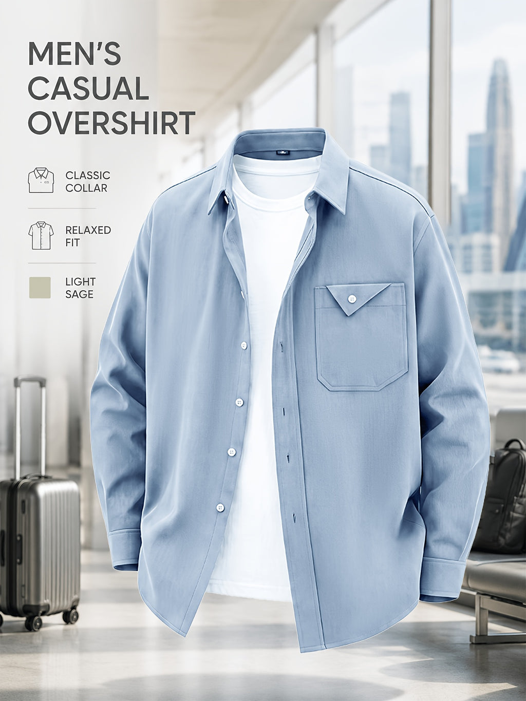 Men'S Spring Autumn Casual Long Sleeve Shirt Jacket, Classic Lapel Neat And Stylish, Triangle Pocket Chest Bag for Storage And Texture Detail, Loose Fit Comfortable Unrestricted, Skin-Friendly Stiff Fabric Supports Layering Inside And Out - Light Blue