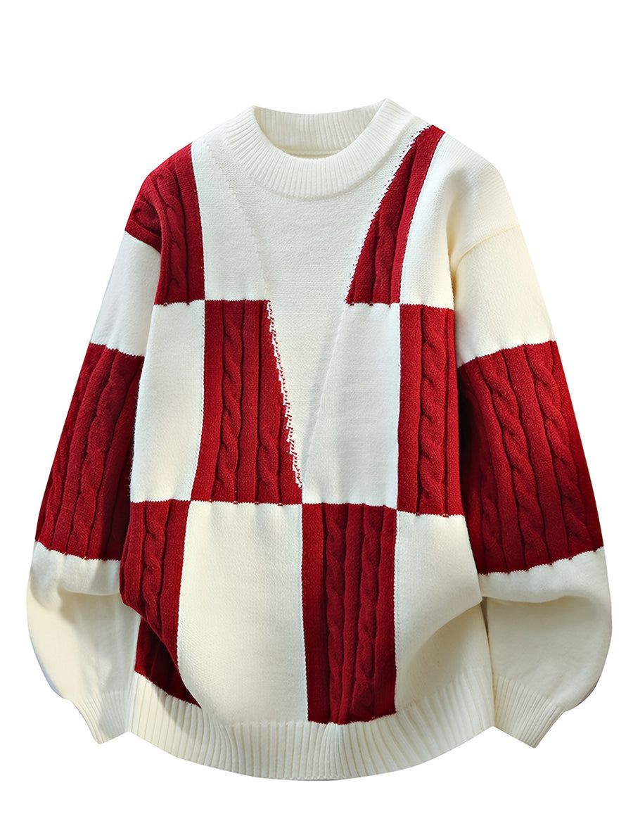 Men'S Round Neck Color-Block Checkered Sweater, Jacquard Ribbed Knit Autumn Winter Loose Trendy Pullover Top - White