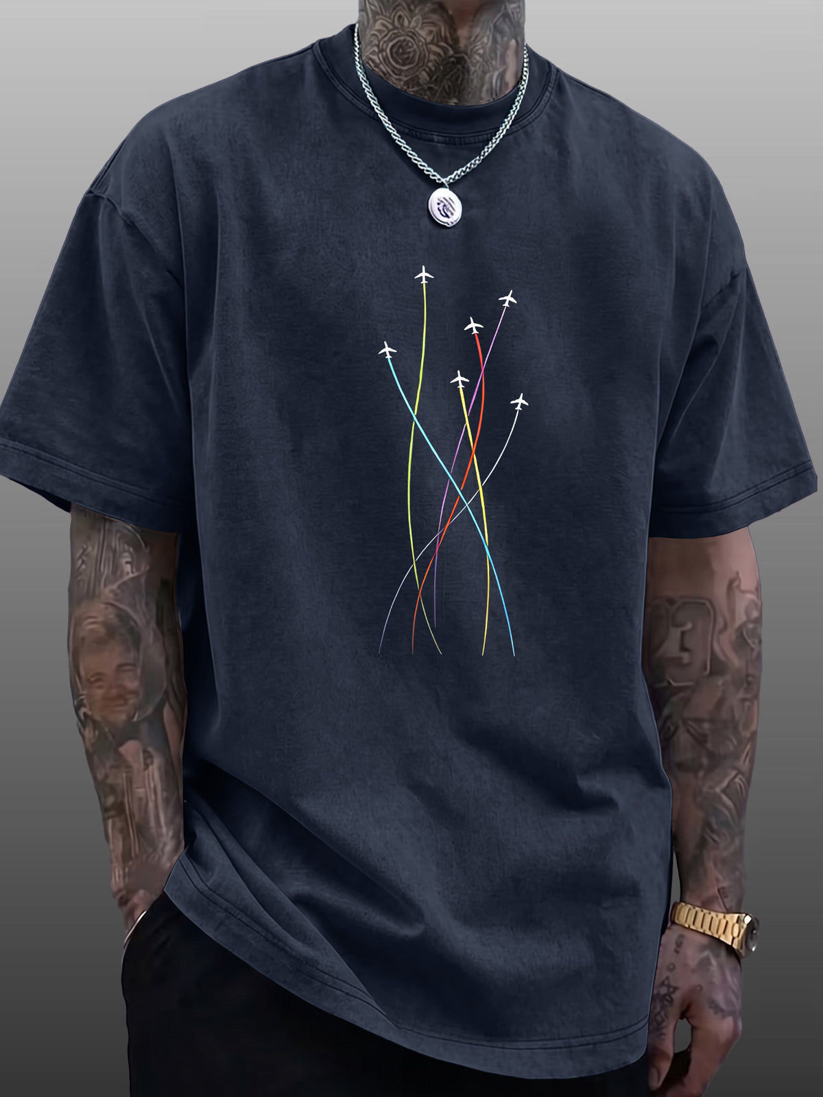 Men's Short-Sleeve T-Shirt, Pure Cotton Loose Fit Half-Sleeve Top, Washed Distressed Colorful Airplane Route Lines, Trendy Reversible Double-Sided Print, Multiple Colors for  Mix & Match, American Streetwear Hip-Hop High Street Style, for Daily - Navy Color