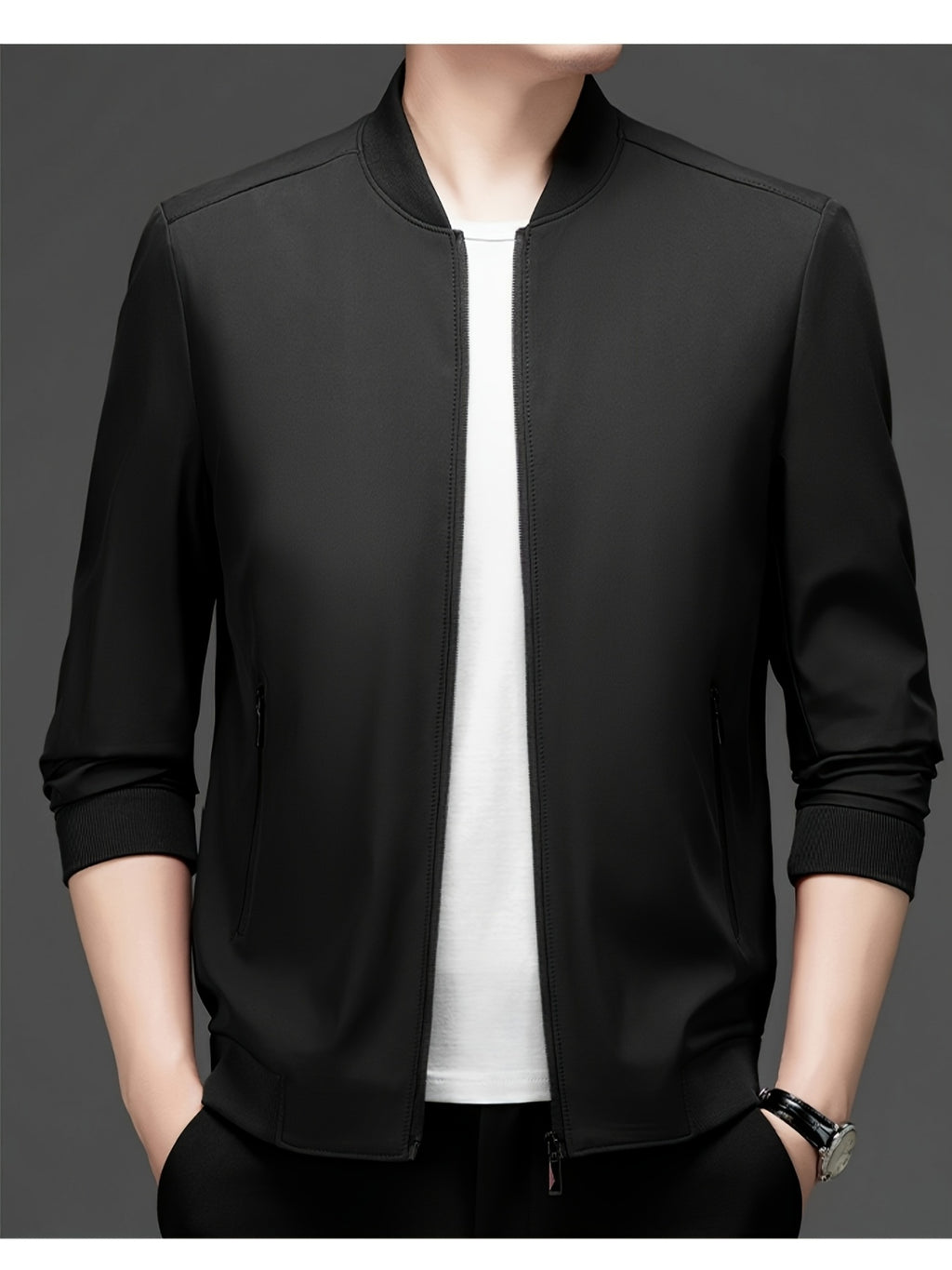 Lightweight Windproof Inner Lining Zippered Jacket, Multi-Color Versatile Casual Business Baseball Coat, Multi-Color Versatile Casual Commute - Black