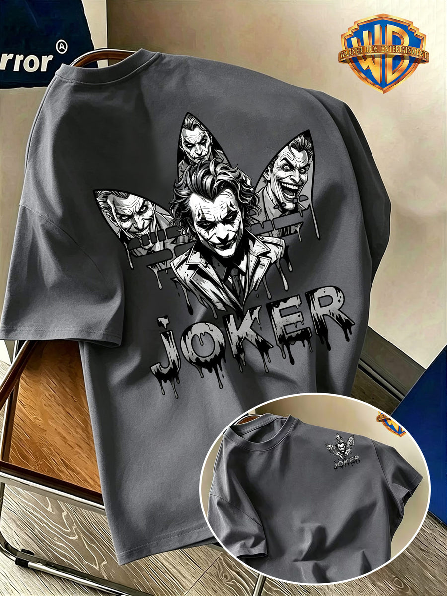Warner Authorized 2026 New Men'S Summer Trendy Short Sleeve T-Shirt, Cool Dark Style Black And White Series Dark Knight Joker JOKER Sketch Ink Splatter Graffiti Creative Print Design, American Dark Street Comic Style, Loose Fit - Dark Gray