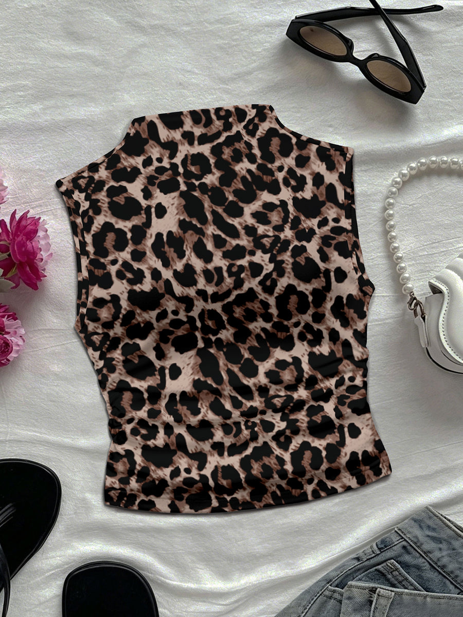 Women's Spring/Summer New Arrival Special Vintage Daily Casual Print Mock Neck Sleeveless Fitted Tank Top - Coffee Brown