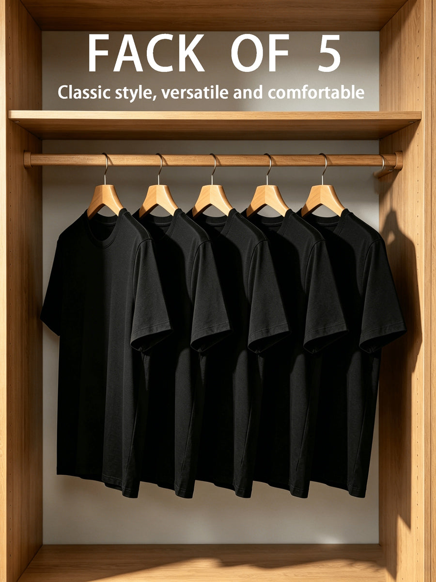 5pcs Set, 5pcs, Solid Color Round-Neck Fashionable Easy Slim-Fit Loose Short-Sleeve T-Shirt, Summer/Spring Women'S 5pcs Top Set, Available in Small Or - Black
