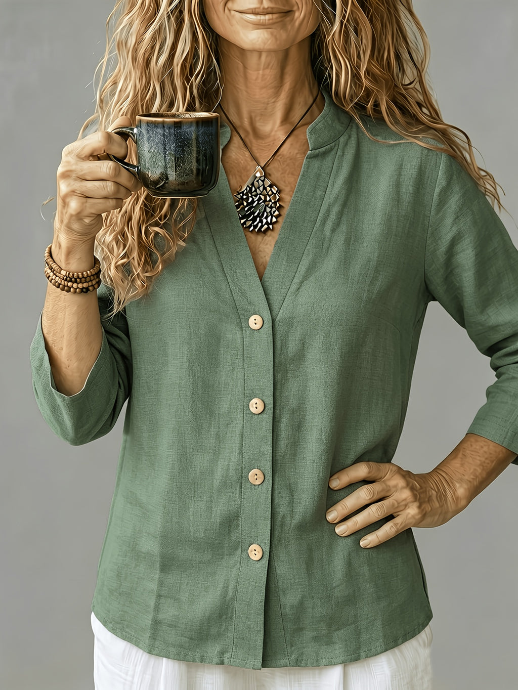 Women'S Spring Summer Casual Loose V-Neck Button-Up Shirt - fern green
