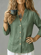 Women'S Spring Summer Casual Loose V-Neck Button-Up Shirt - fern green