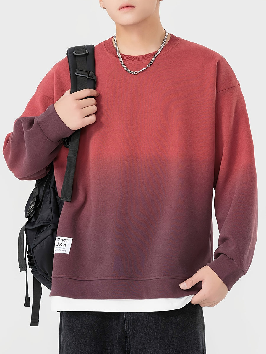 New Autumn Round Neck Sweatshirt, Men's Gradient Color 2-in-1 Look Hem Sweatshirt, Burgundy Gradient - Burgundy