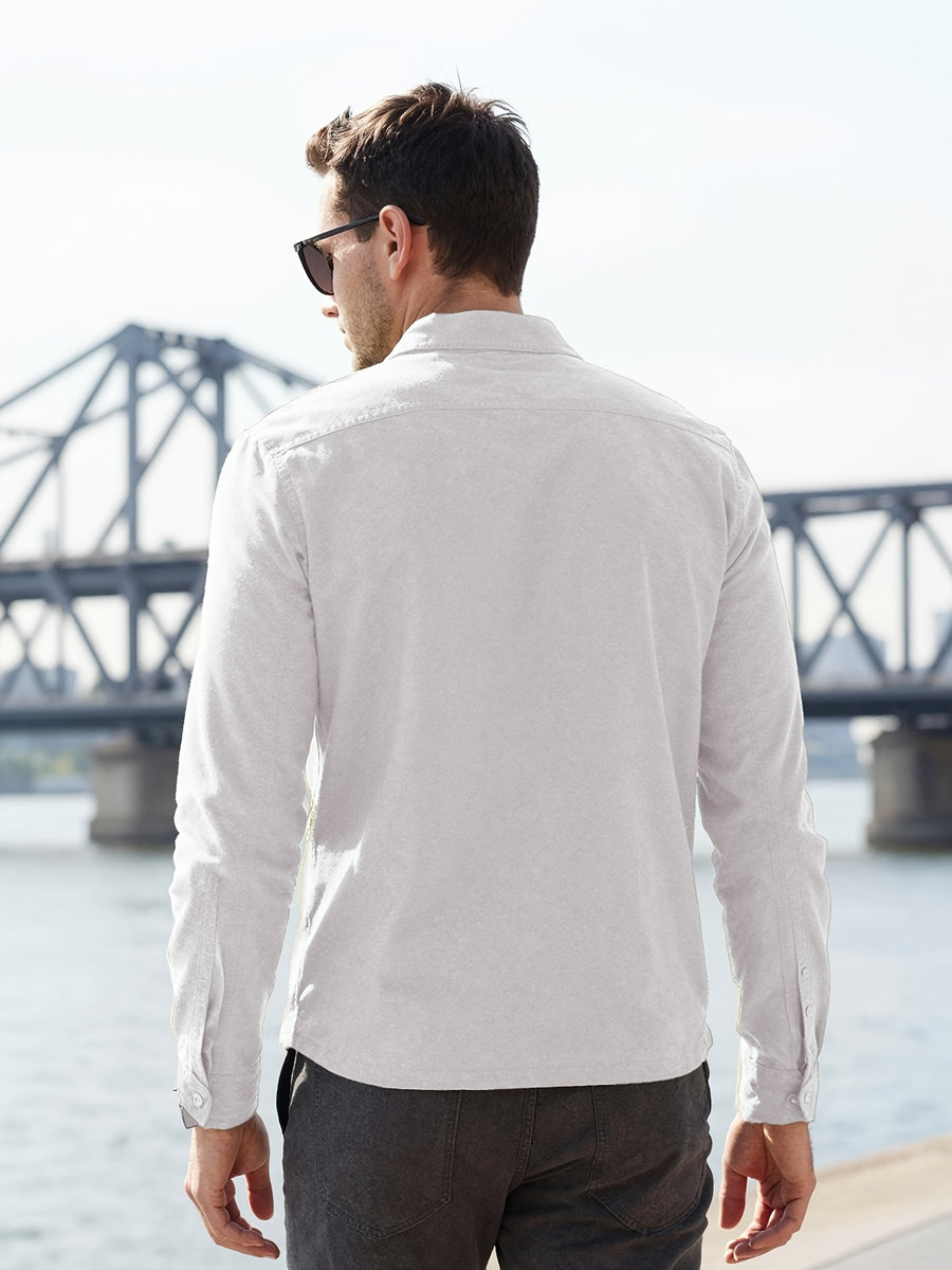 Men's Solid-color Work Shirt with Double Pockets, Lapel Long-sleeve Button-up Shirt, Loose Plus-size Casual Jacket Shirt, Loose-fit Basic Daily Top for Daily Wear and Outdoor Activities - White