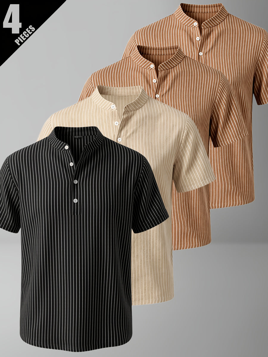 4pcs Men'S Casual Striped Linen Blend Henley Shirts, Breathable Short Sleeve Summer Tops, Suitable for Daily, Beach, And Vacation - Mixed Color 19
