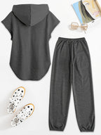 Women'S Two-Piece Drawstring Sleeveless Hooded Top And Summer Letter Print Pants, Elastic Waist Casual Pants, Pants Set - Dark Gray