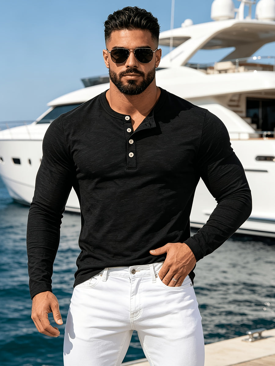 2pcs New Men's Fashionable Sporty Long-Sleeve Pure Cotton Henley Button-Up Shirt, Spring/Autumn Casual, Comfortable, Soft, Trendy, Simple, High-End, Versatile, and Refreshing - Mixed Color 2