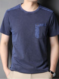Men's Round Neck Short Sleeve with Shoulder Embroidery, Practical Chest Pocket in Waffle Breathable Fabric and Washed Distressed Finish - Navy Color