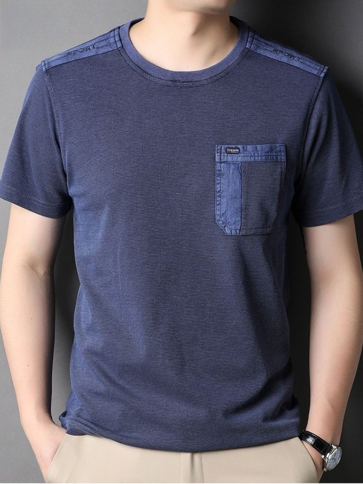 Men's Round Neck Short Sleeve with Shoulder Embroidery, Practical Chest Pocket in Waffle Breathable Fabric and Washed Distressed Finish - Navy Color