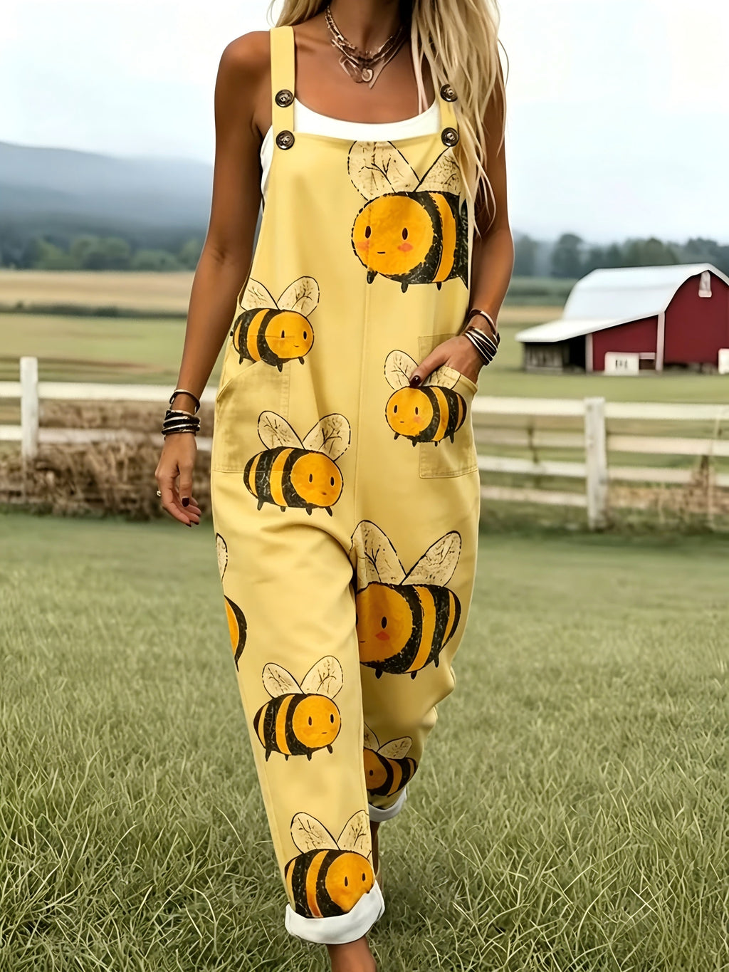 Green Jumpsuit with Cartoon Bee Pattern - 0578 - Lemon Yellow