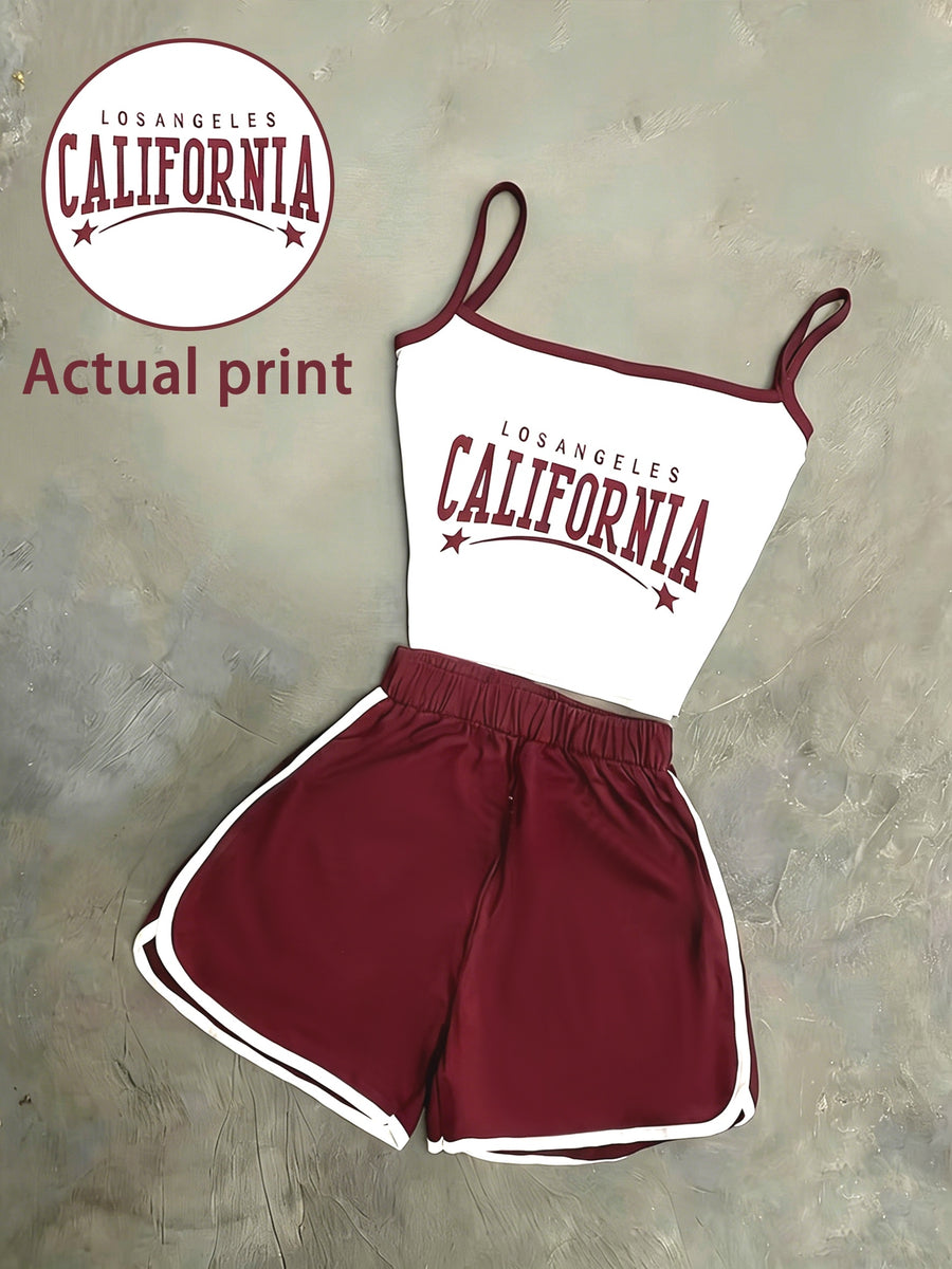 Elegant and Stylish New Spring/Summer Women's Color-Block Letter Print Waist-Cinching Backless Crop Camisole + Elastic Simple Casual Shorts Set ZLLZ - Burgundy