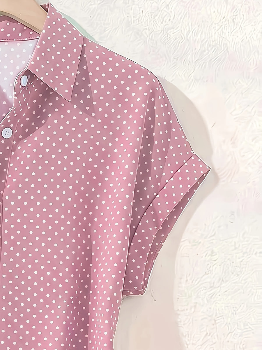 Summer Polka Dot Single-Breasted Short-Sleeve Shirt - pink color