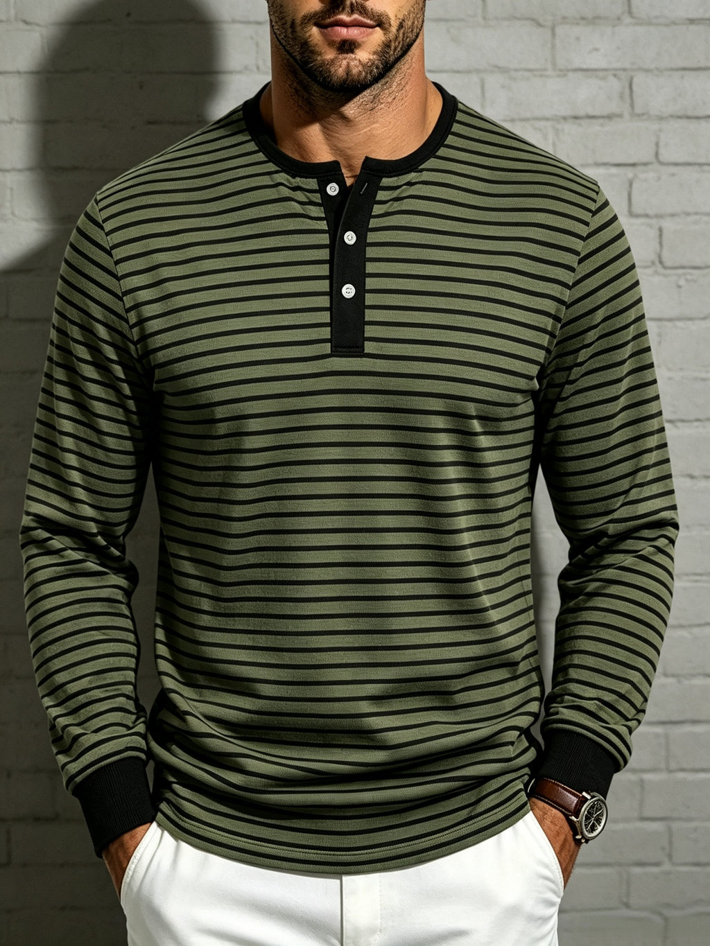 Men'S Striped Henley Shirt, Fall Casual Long Sleeve T-Shirt with 3 Buttons And Contrast Ribbed Collar for Daily Commute And Outdoor - fern green