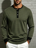Men'S Striped Henley Shirt, Fall Casual Long Sleeve T-Shirt with 3 Buttons And Contrast Ribbed Collar for Daily Commute And Outdoor - fern green